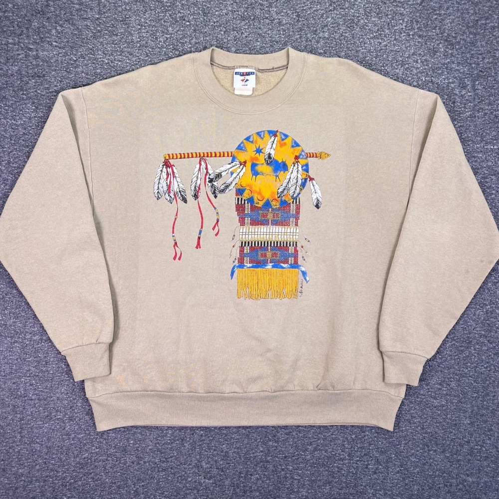 Jerzees Sweatshirt Mens XL Tan Native American Graphic Print Crewneck Pullover